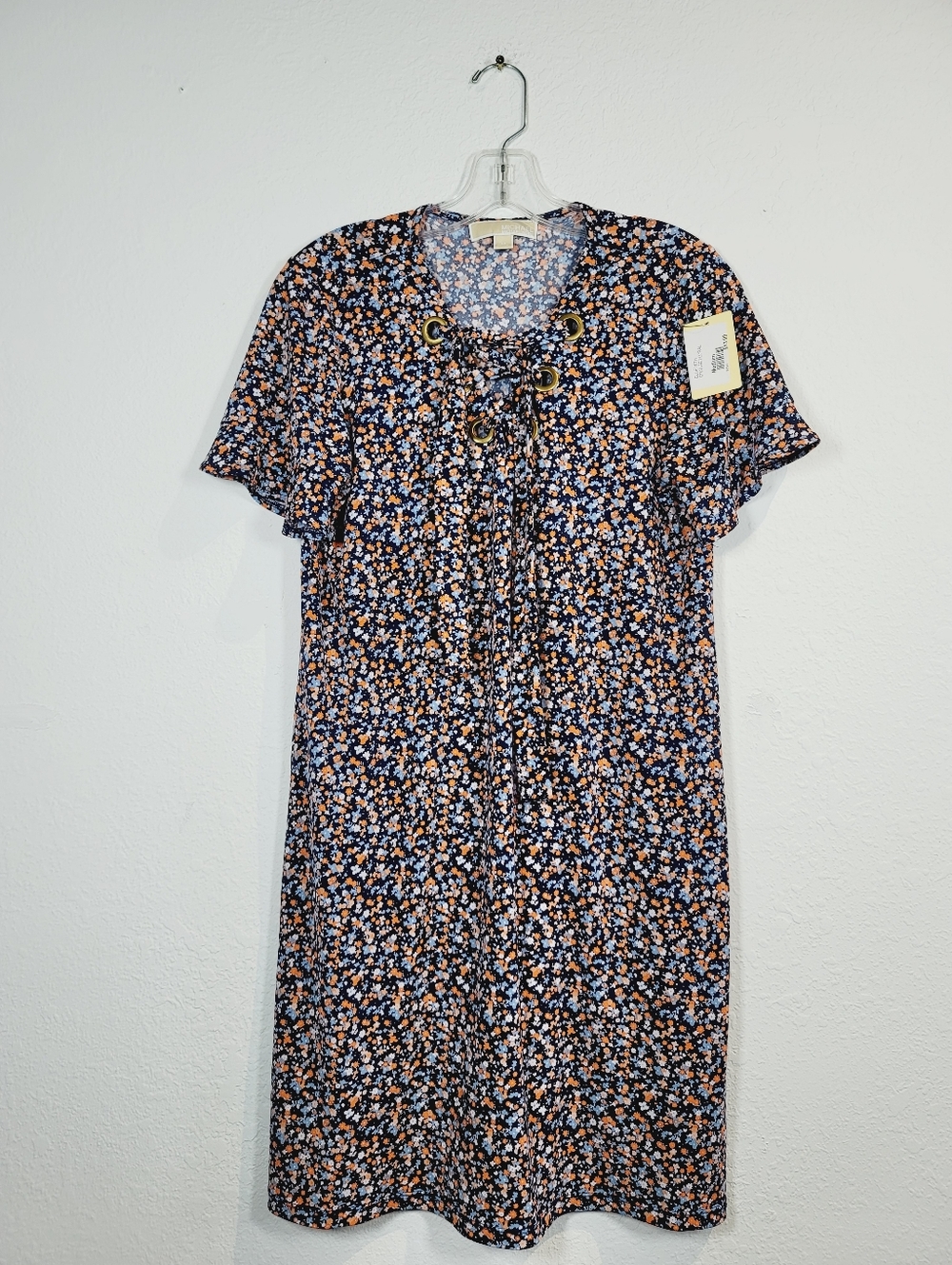 Michael Kors Navy Floral Lace-Up Midi Dress with Peach Accents, Size Medium